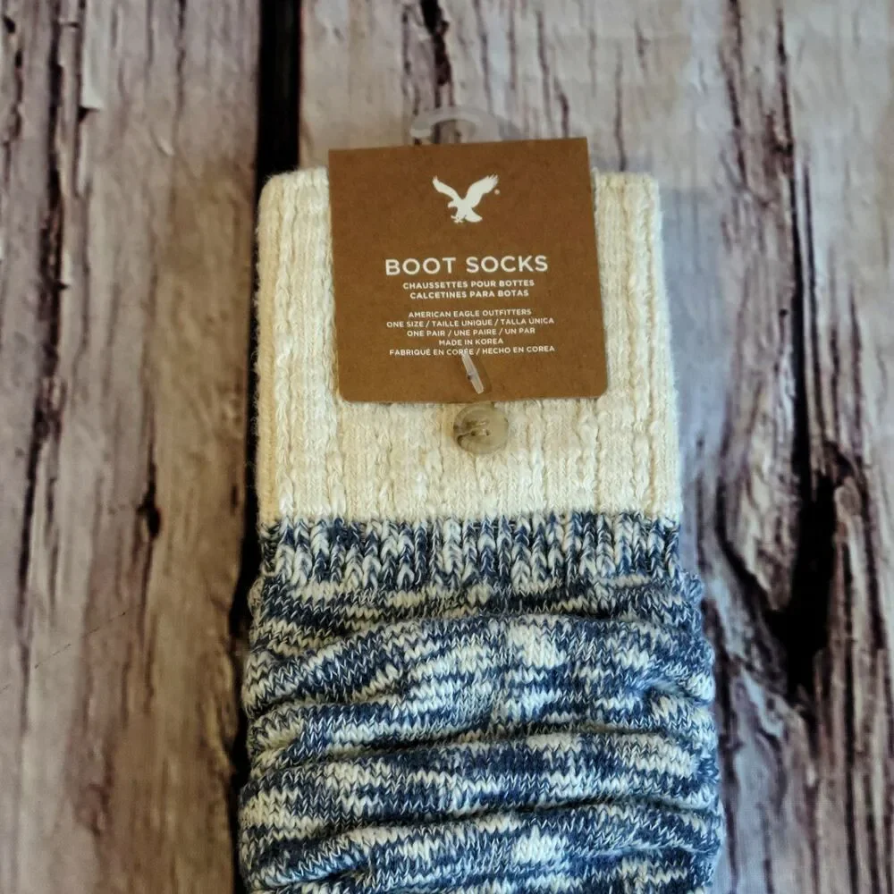 American Eagle Outfitters New Boot Socks Blue White Knit Pattern One Size Womens